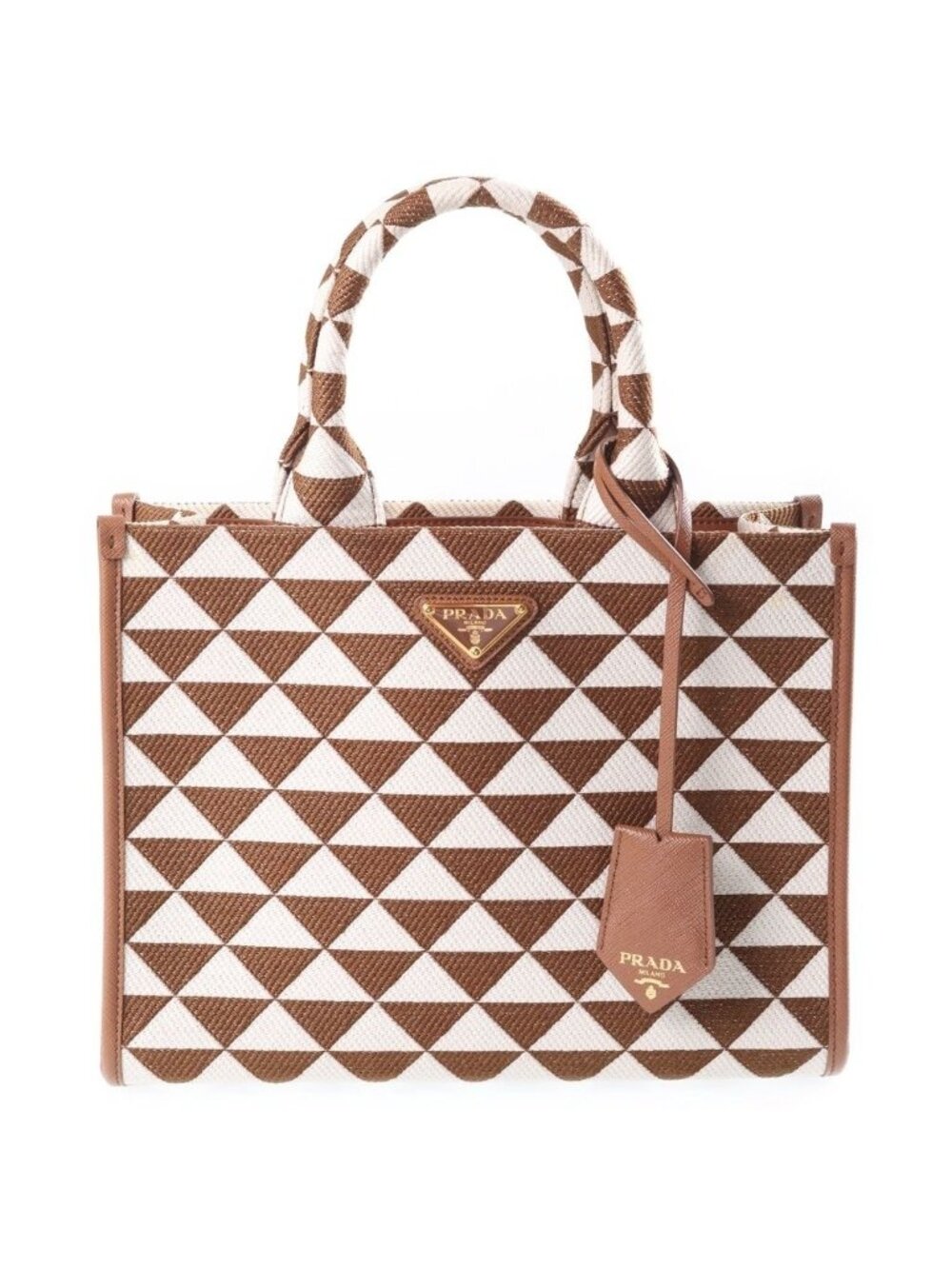 Prada Symbol Embroidery Fabric Handbag 2-Way Shoulder Small White Brown